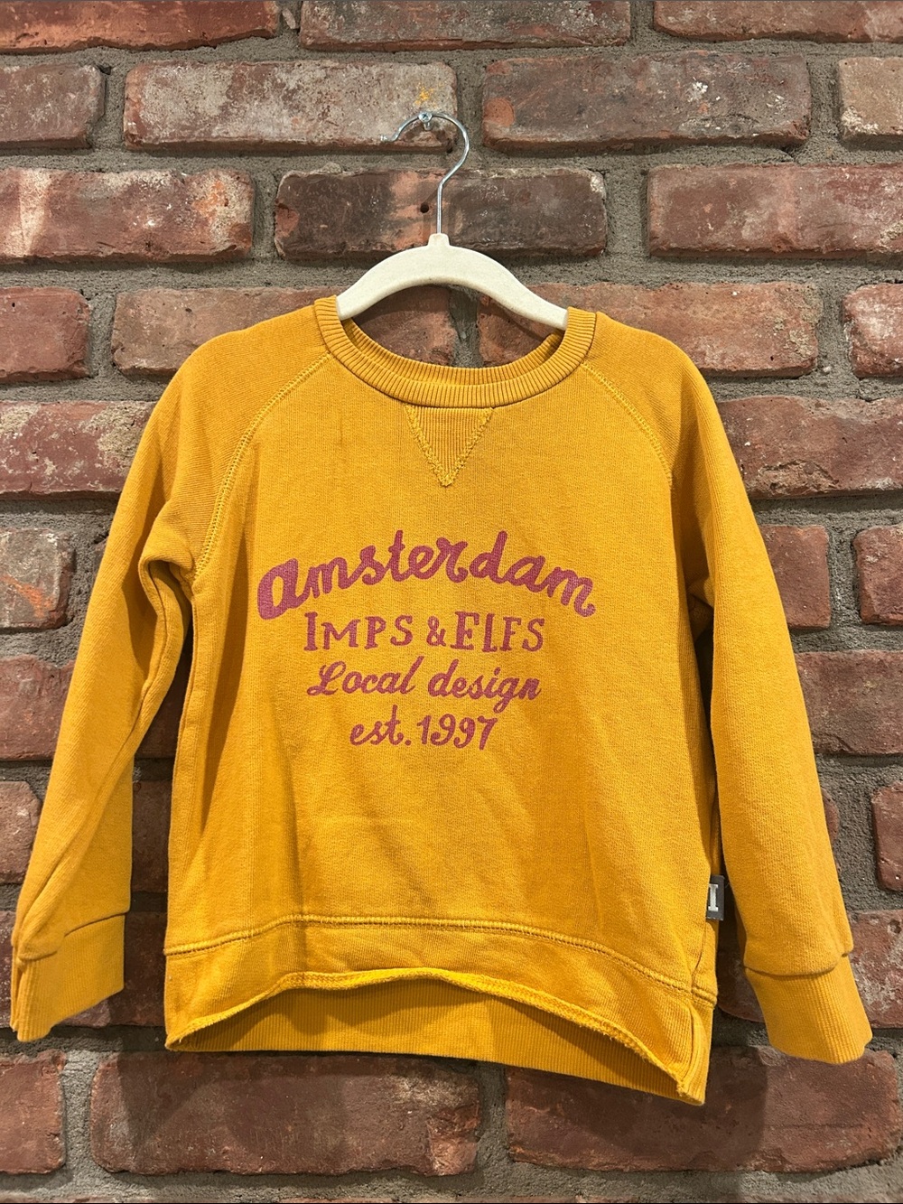 Imps & Elfs Mustard Yellow Crewneck with Pink Script